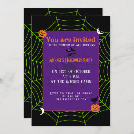 Invitation Black neon vert toile d'araignée Halloween motif