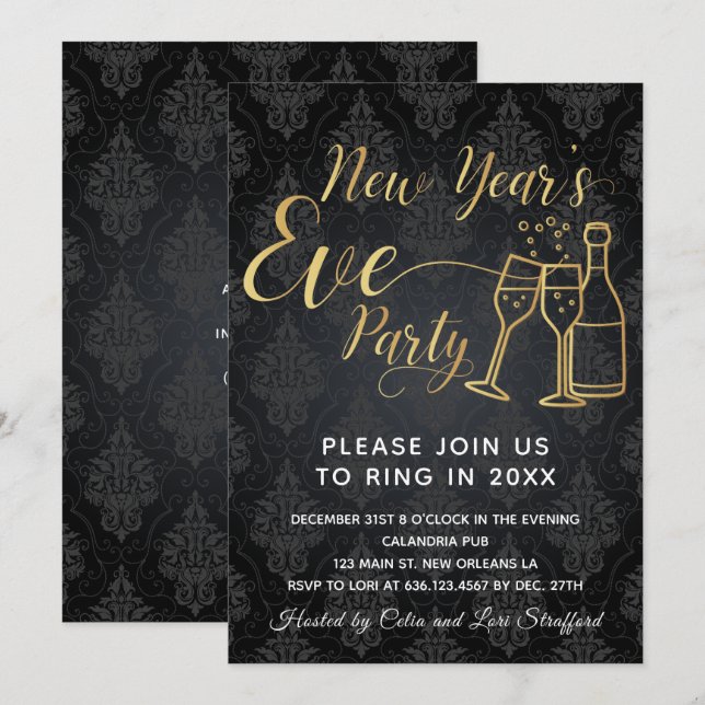 Invitation Black on Black Damask Nouvel An (Devant / Derrière)