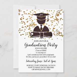 Invitation Black On Gold Grad Avec Confetti Graduation Party