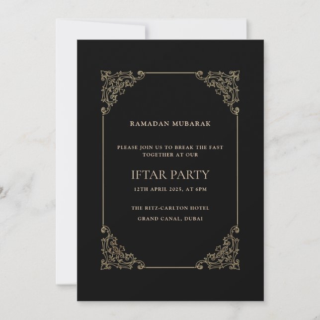 Invitation Black Opulent Baroque Frame Script Iftar Party (Devant)