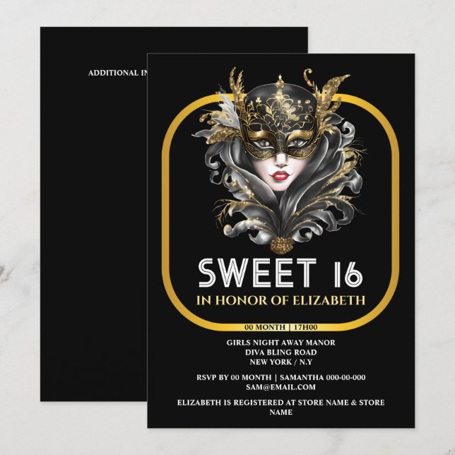 Invitation Black or doux 16 mascarade filles visage masque (Devant / Derrière)