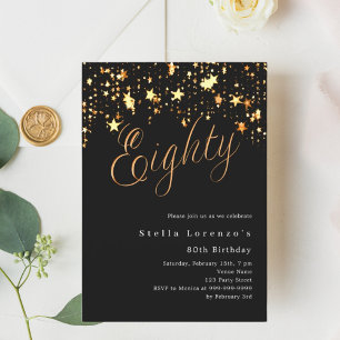 Invitation Black or stars luxe élégant 80e anniversaire