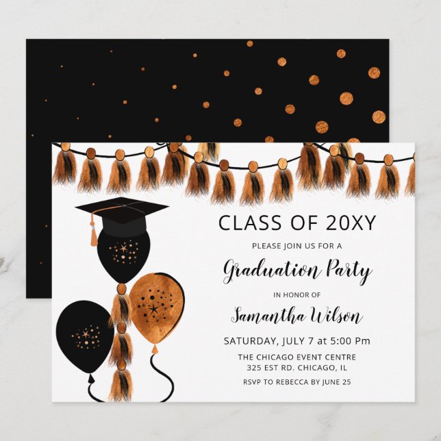 Invitation Black Orange Balloons Grad Casquette de la fête de (Devant / Derrière)