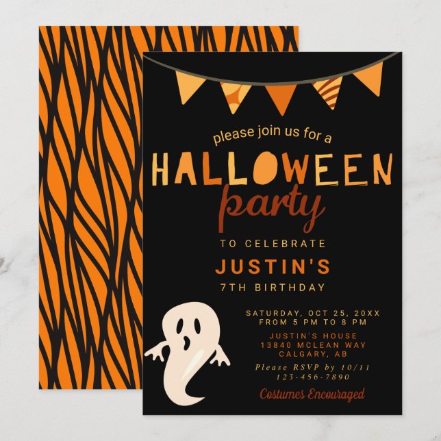 Invitation Black Orange Cute Halloween Anniversaire Fête Enfa (Devant / Derrière)