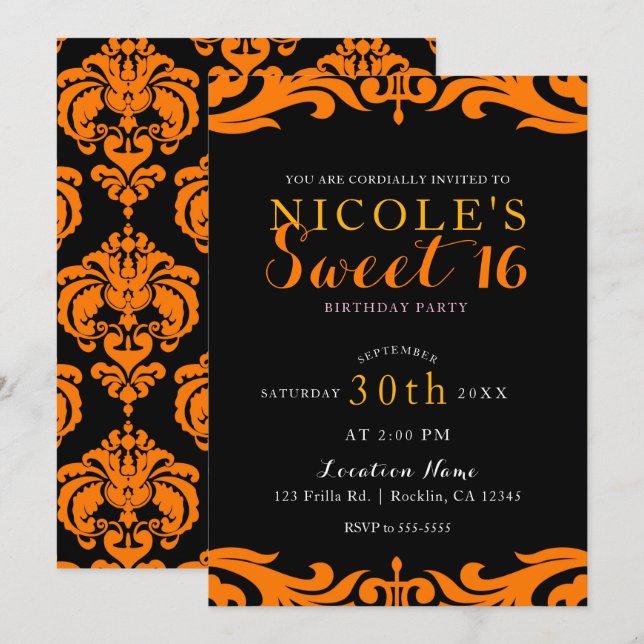 Invitation Black & Orange Damask Chic Elegant Sweet 16 Party (Devant / Derrière)