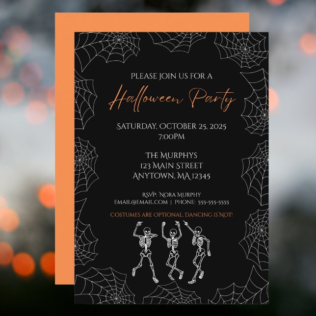 Invitation Black Orange Dancing Skeletons Halloween Party (Créateur téléchargé)