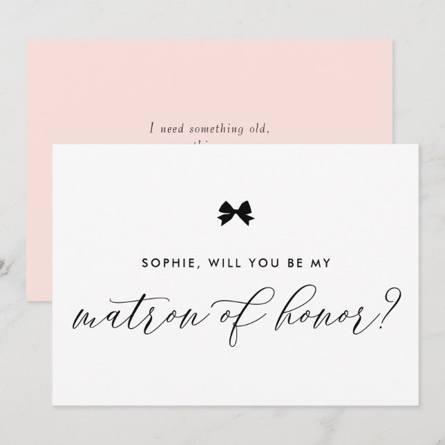 Invitation Black Parisian Bow you will be My Matron of Honor (Devant / Derrière)