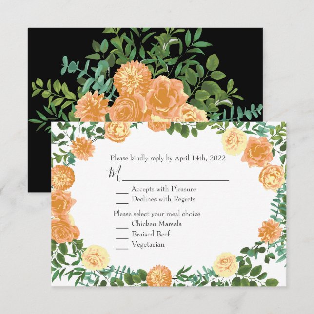 Invitation Black & Peach Mariage Floral moderne (Devant / Derrière)