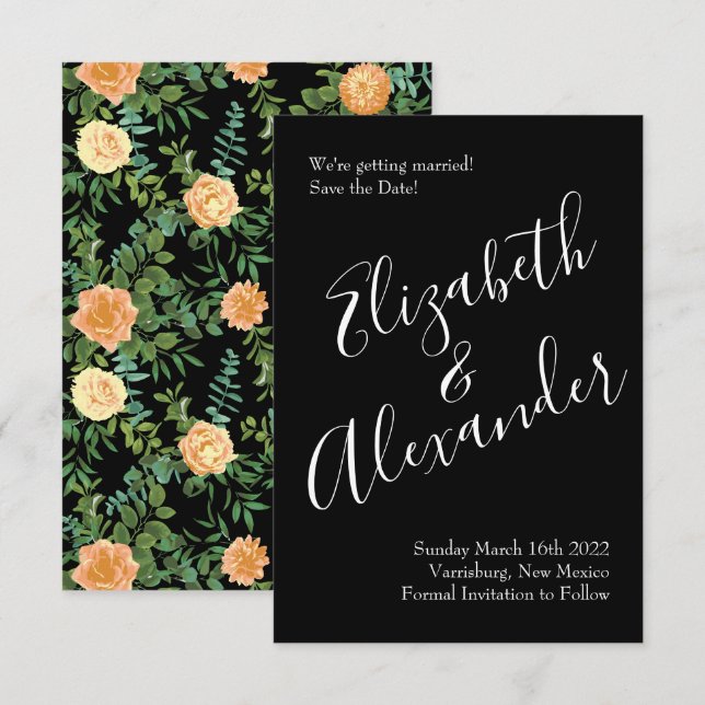 Invitation Black & Peach Mariage Floral moderne (Devant / Derrière)