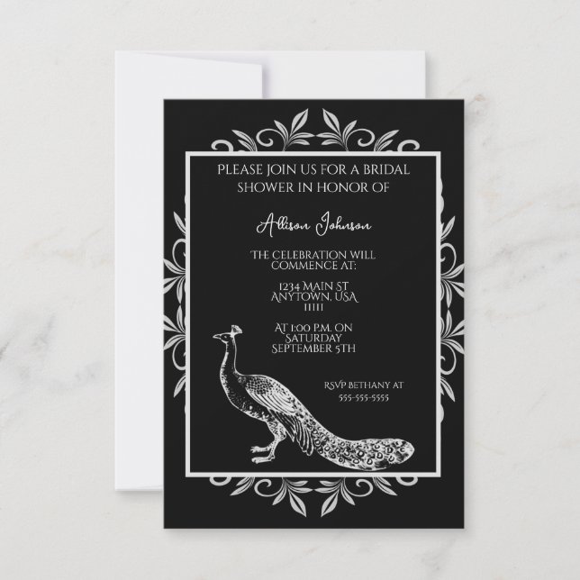 Invitation Black Peacock Flourissant nuptiale douche Invitati (Devant)
