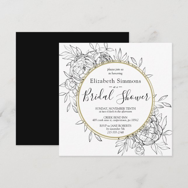 Invitation Black Peony Modern Floral Toile Fête des mariées (Devant / Derrière)