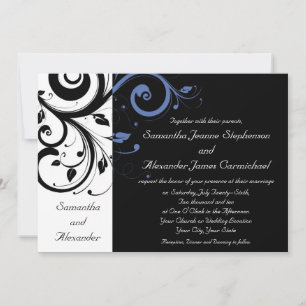 Invitation Black Periwinkle Cornflower Blue Floral Mariage