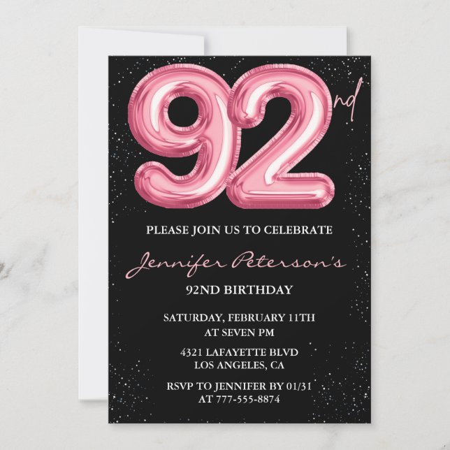Invitation Black Pink Balloon Glam 92e anniversaire (Devant)