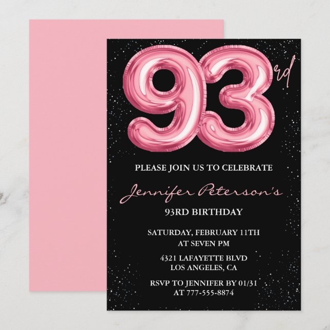 Invitation Black Pink Balloon Glam 93e anniversaire (Devant / Derrière)