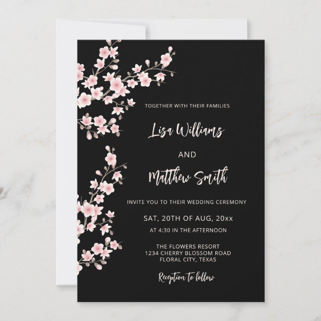 Invitation Black Pink Cherry Blossom Photo Wedding (Devant)