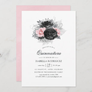 Invitation Black Pink et Silver Roses Vintages Quinceañera
