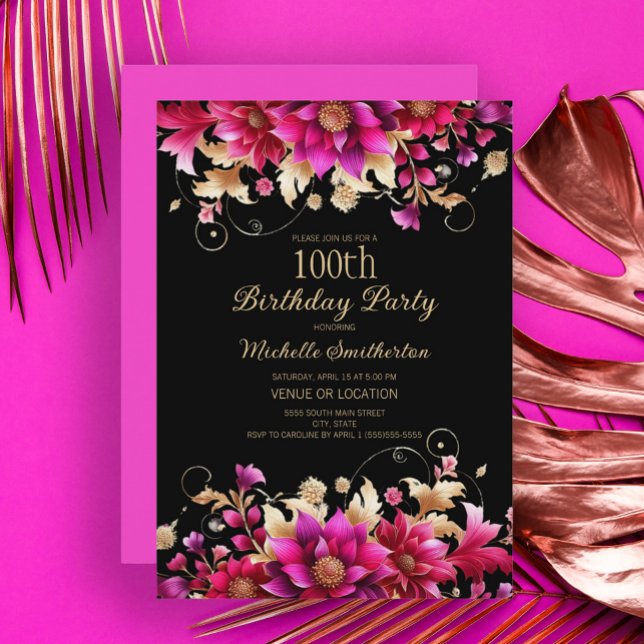 Invitation Black Pink Gold Floral 100e fête d'anniversaire (Black, fuchsia, gold floral 100th birthday party invitation)
