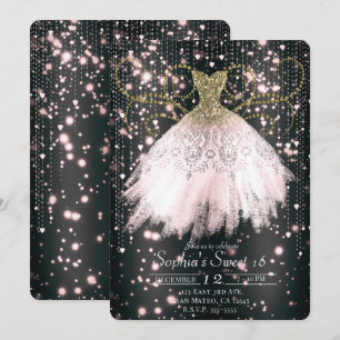 Invitation Black Pink Gold Parties scintillant Dress Sweet 16