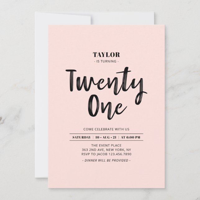 Invitation Black & Pink Simple 21e fête d'anniversaire (Devant)
