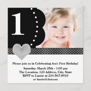 Invitation Black Polka Dot Girls Photo 1er anniversaire