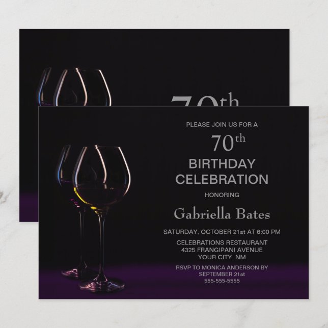 Invitation Black Purple 70e Anniversaire Vin Glass Party (Devant / Derrière)