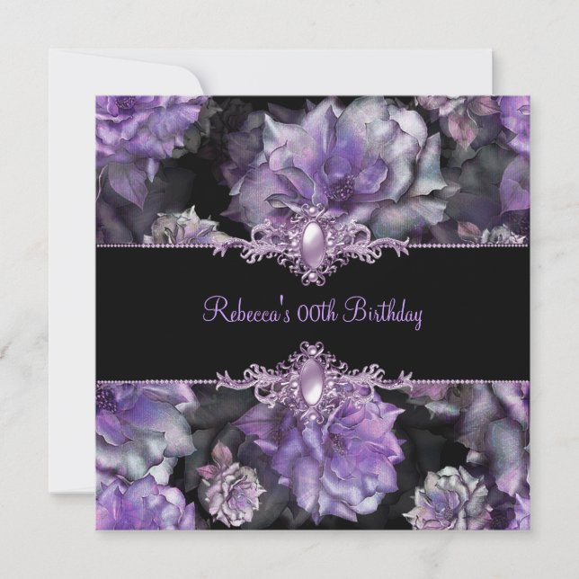Invitation Black Purple Floral Anniversaire Party Pearl Image (Devant)