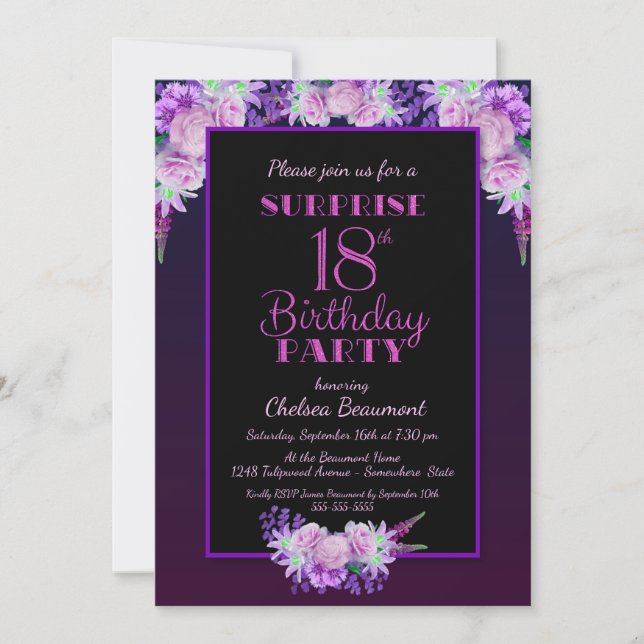 Invitation Black & Purple Floral Surprise 18e fête d'annivers (Devant)