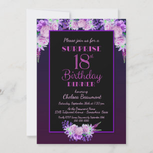 Invitation Black Purple Floral Surprise 18ème anniversaire Dî