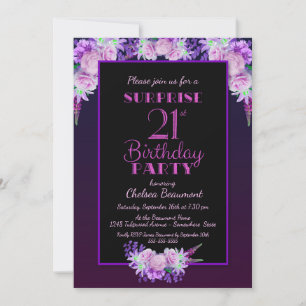 Invitation Black & Purple Floral Surprise 21e fête d'annivers