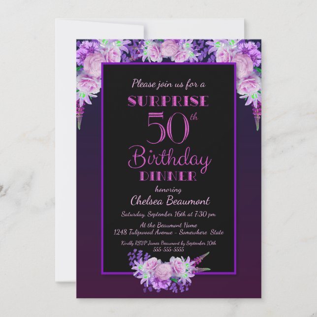 Invitation Black Purple Floral Surprise 50e Anniversaire Dîne (Devant)