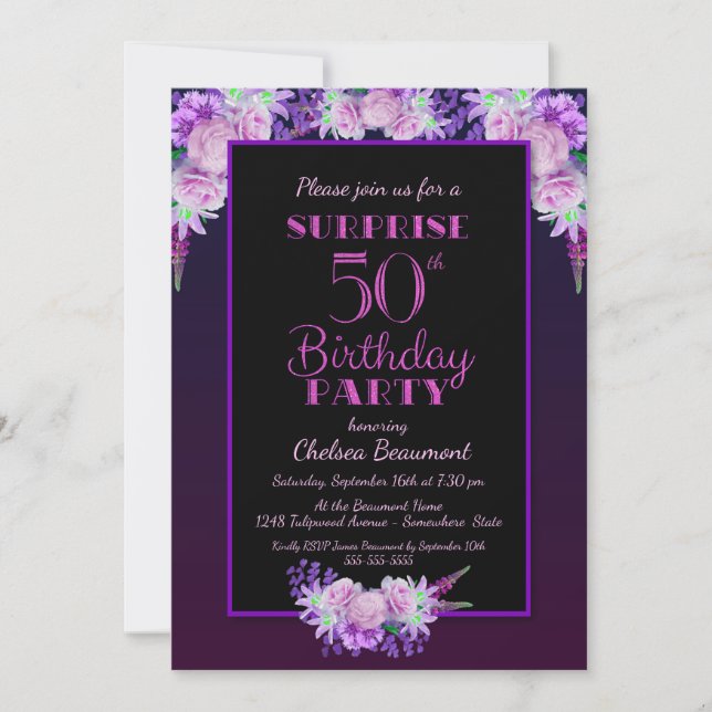 Invitation Black & Purple Floral Surprise 50e fête d'annivers (Devant)