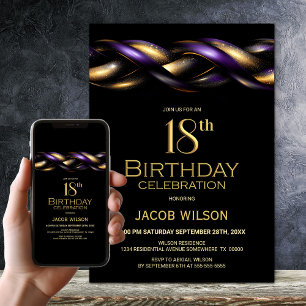 Invitation Black Purple Gold 18e fête d'anniversaire