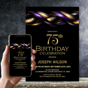 Invitation Black Purple Gold 75e fête d'anniversaire