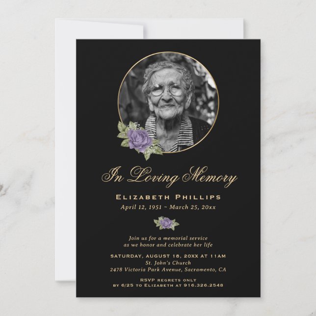 Invitation Black Purple Gold Floral Photo Service Memorial (Devant)