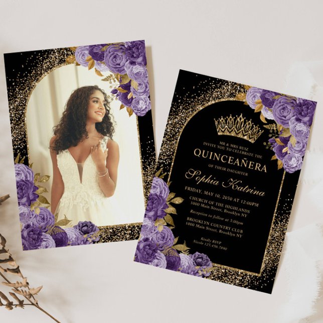 Invitation Black Purple Gold Parties scintillant Florale Phot (Créateur téléchargé)
