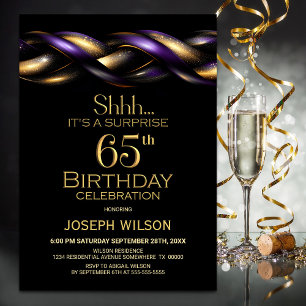 Invitation Black Purple Gold Surprise 65e anniversaire fête
