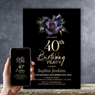 Invitation Black Purple Grey Floral 40e fête d'anniversaire