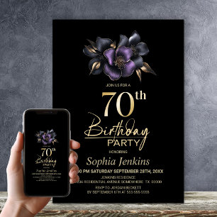 Invitation Black Purple Grey Floral 70e anniversaire