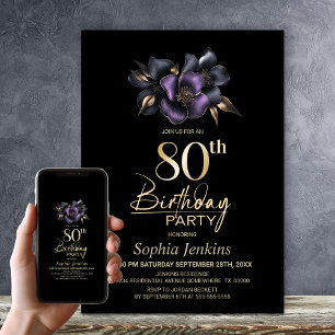 Invitation Black Purple Grey Floral 80e anniversaire fête