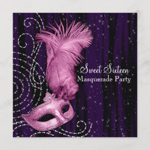 Invitation Black Purple Pink Sweet 16 Masquerade Party