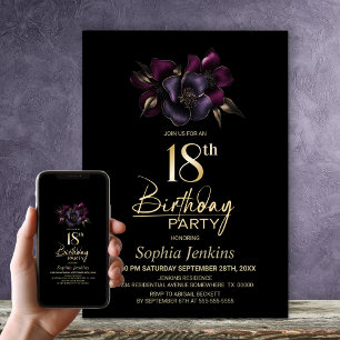 Invitation Black Purple Rose Floral 18ème anniversaire
