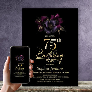 Invitation Black Purple Rose Floral 75e fête d'anniversaire