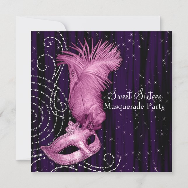 Invitation Black Purple Rose Sweet 16 Masquerade Party (Devant)