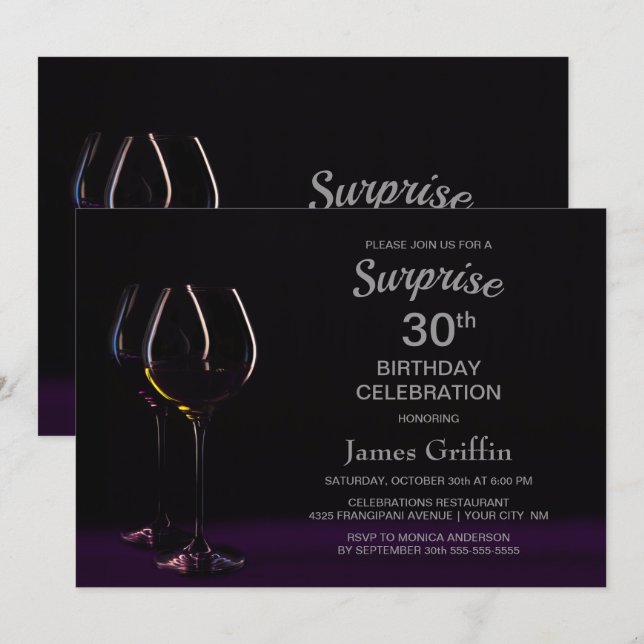 Invitation Black Purple Surprise 30e Anniversaire Verre à vin (Devant / Derrière)