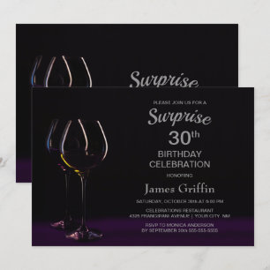 Invitation Black Purple Surprise 30e Anniversaire Verre à vin