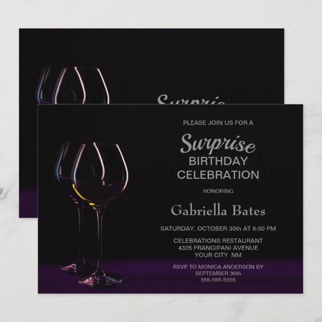 Invitation Black Purple Surprise Anniversaire Vin Glass Party (Devant / Derrière)