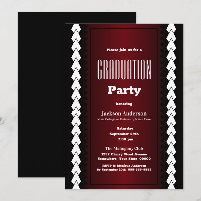 Invitation Black Red and White Graduation Party (Devant / Derrière)