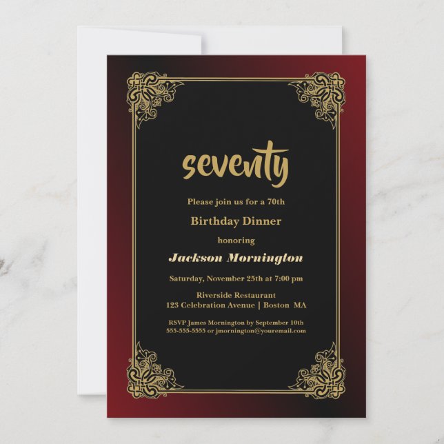 Invitation Black Red avec Gold Frame 70th Birthday Dinner (Devant)