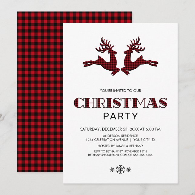 Invitation Black Red Buffalo Plaid Deer Christmas Party (Devant / Derrière)