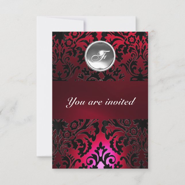 Invitation BLACK & RED DAMASK GEM STONE MONOGRAM bordeaux (Devant)
